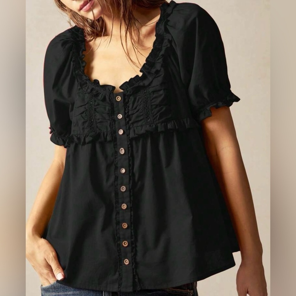 Black Ruffled Short Sleeve Blouse